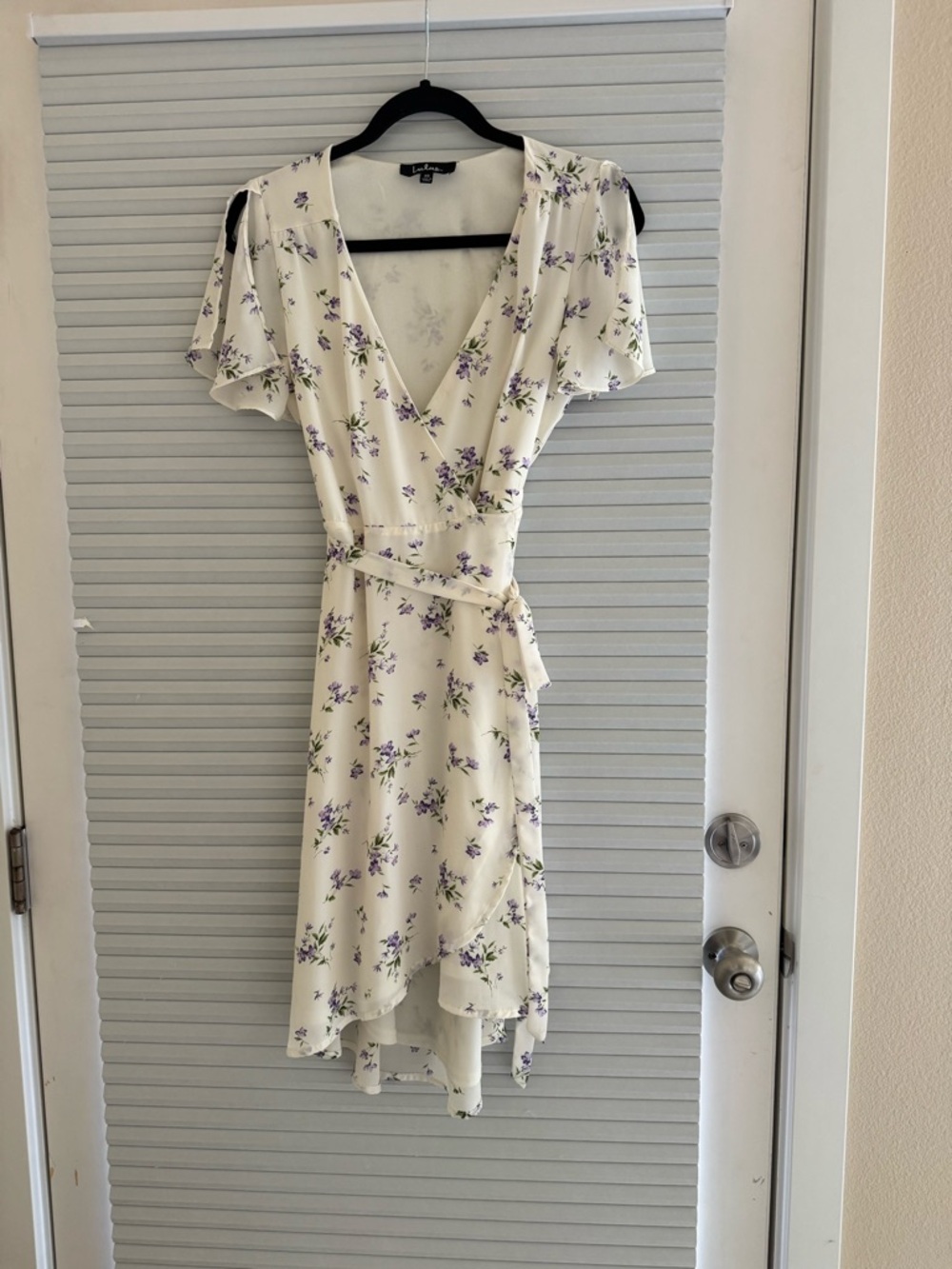 Lulu's Cream Wrap Dress with Lavender Floral Print